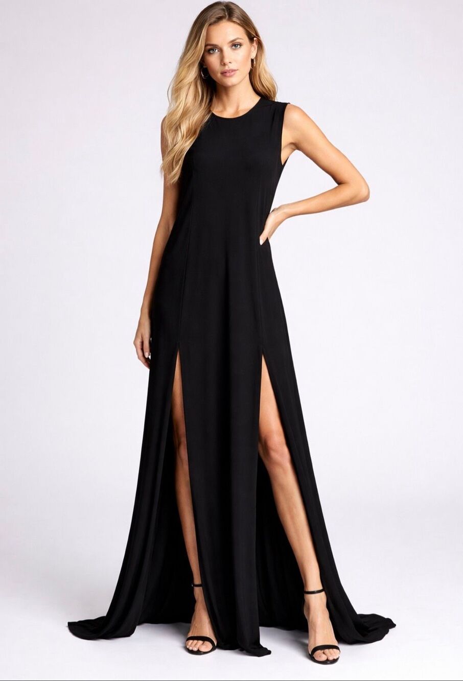 Norma Kamali Black Sleeveless Maxi Gown High Front Slit Minimalist Evening Dress